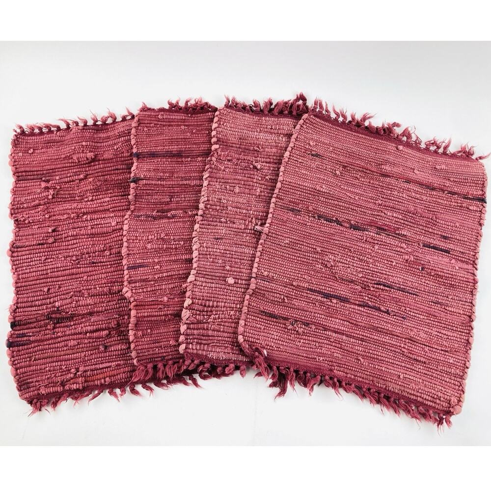 4 Rag Rug Placemats Woven Knotted Boho Artsy Retro Red Burgundy Maroon Brick Fri